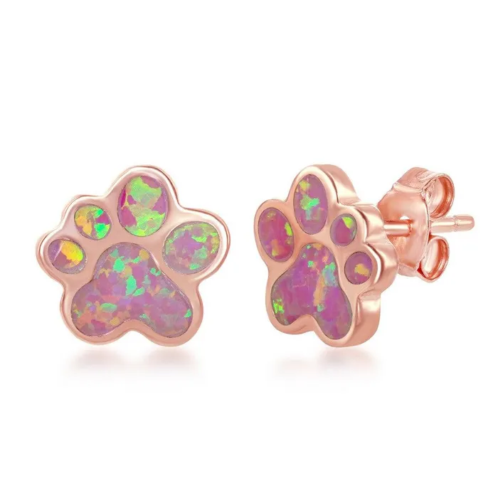Classic Earrings Sterling Silver Rose Gold Plated Pink Inlay Paw Stud Earrings Classic Earrings Sterling Silver Rose Gold Plated Pink Inlay Paw Stud Earrings