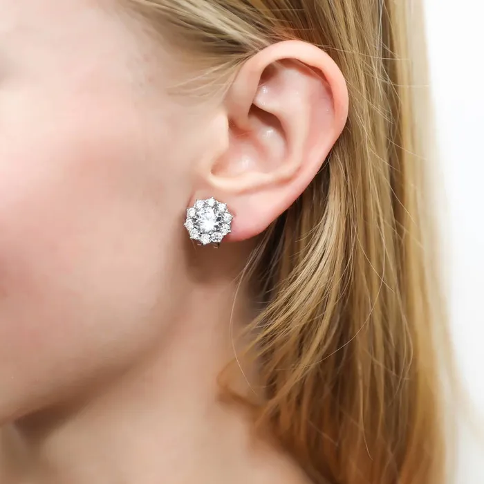 BERRICLE Earrings Flower Halo CZ Omega Back Stud Earrings in Sterling Silver