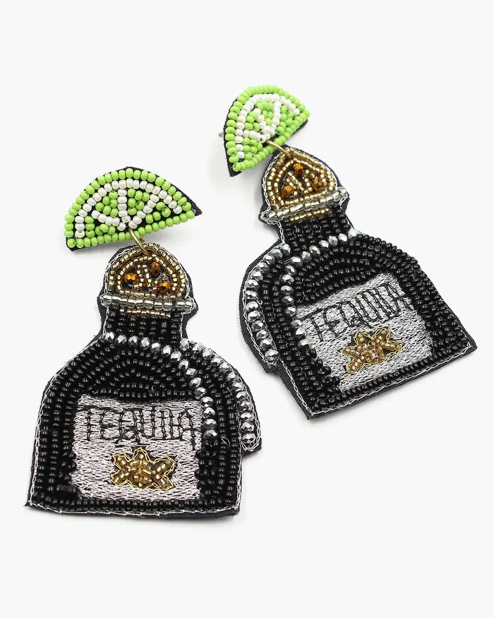 Tequila Bottle Beaded Earrings with Lime Slice 02142024 Earrings