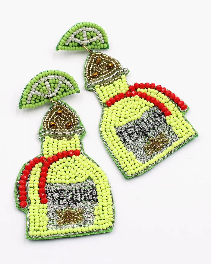 Tequila Bottle Beaded Earrings with Lime Slice 02142024 Earrings