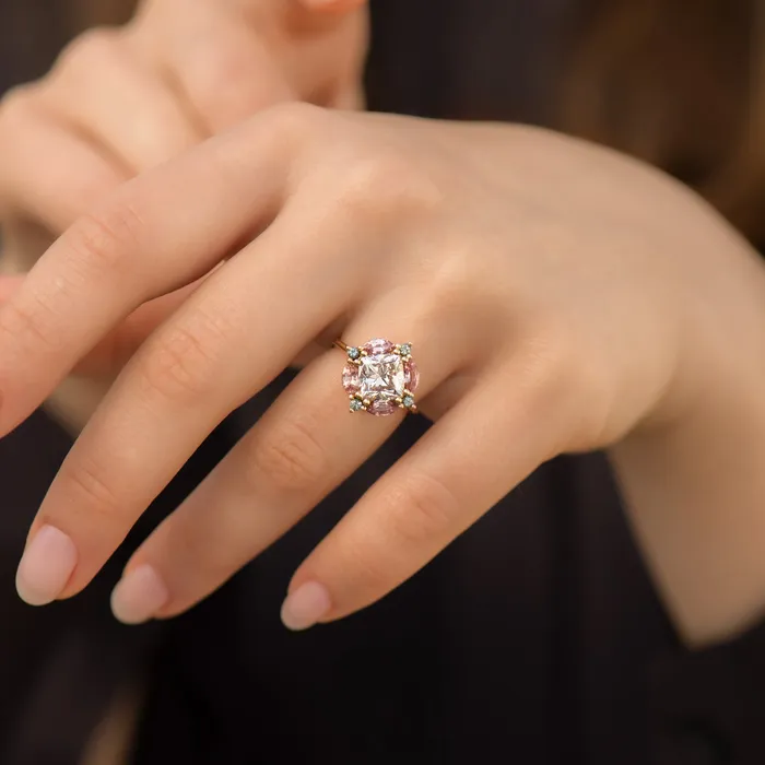 ARTEMER Rings Mosaic Engagement Ring with Cushion Cut Diamond and Sapphires