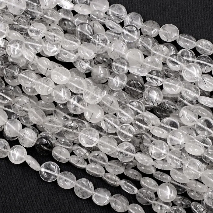 Earrings Natural Black Rutilated Quartz Coin Beads 8mm 10mm 12mm Black Tourmaline Rutile Quartz Gemstone Smooth Coin Good For Earrings 16 Strand Intrinsic Trading