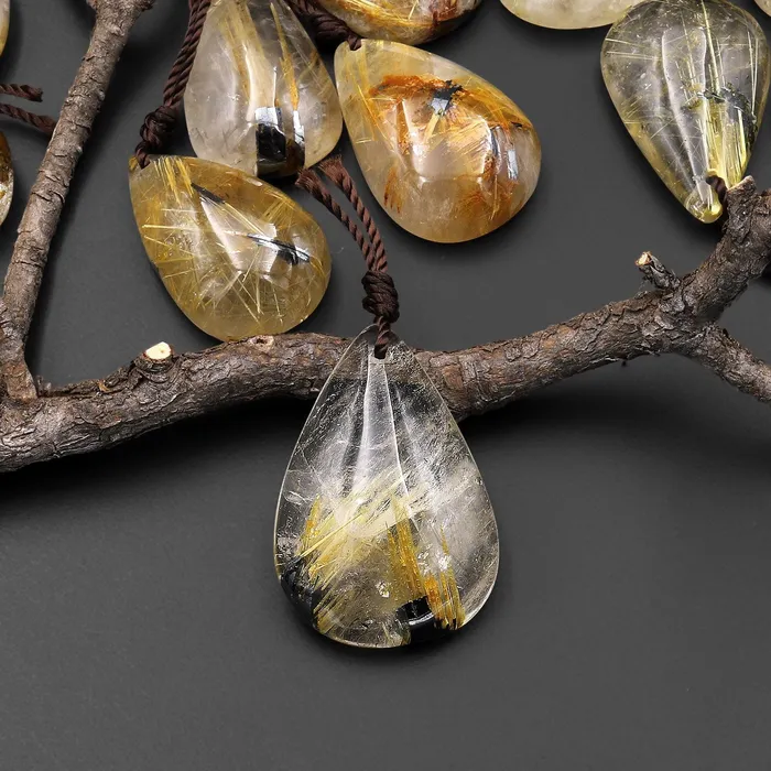 Natural Titanium Golden Hematite Rutilated Quartz Teardrop Pendant A4 Intrinsic Trading Necklaces