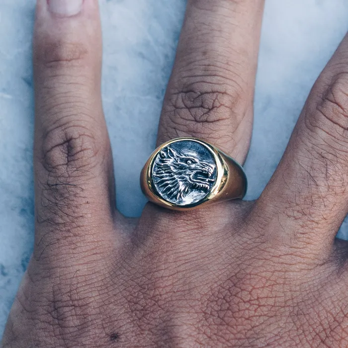 Rings WOLF RING BRASS W925 STERLING SILVER EMBLEM JewelryLab
