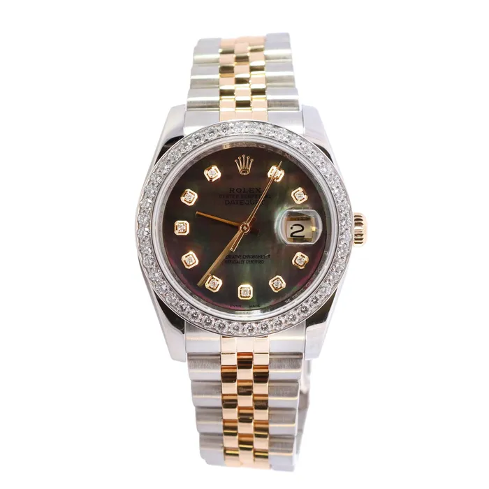 Bracelets Happy Jewelers Rolex Datejust Two Tone Stainless Steel Yellow Gold 36mm Custom Dark MOP Diamond Dial Watch Reference 116233 Bracelets Happy Jewelers Rolex Datejust Two Tone Stainless Steel Yellow Gold 36mm Custom Dark MOP Diamond Dial Watch Reference 116233