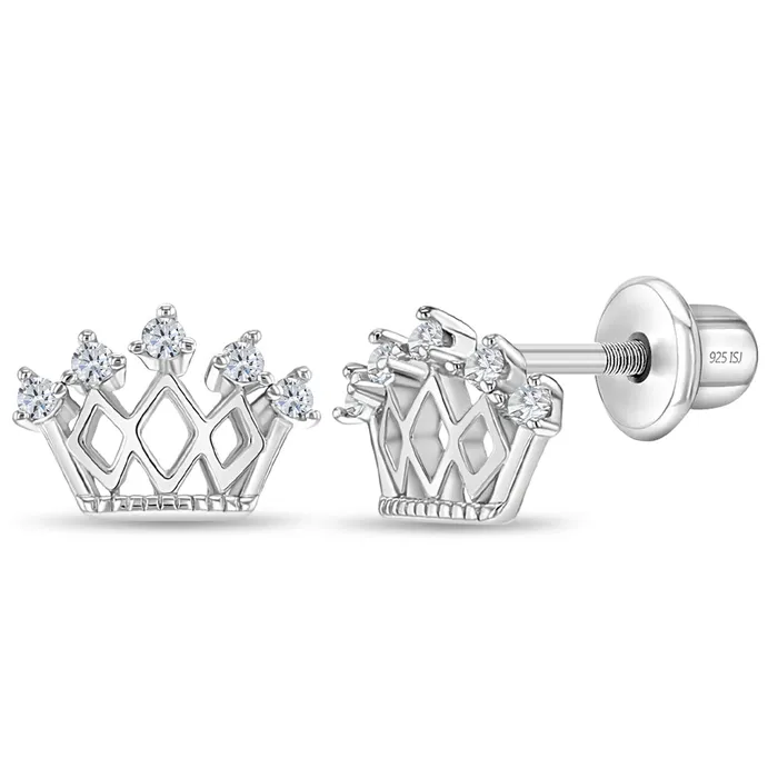 Kids Screw Back Earrings Earrings 5 Point CZ Crown Baby Toddler Kids Earrings Screw Back Sterling Silver
