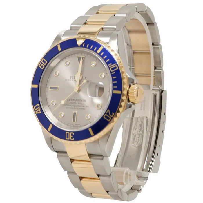 Rolex Submariner Date 40mm Yellow Gold Stainless Steel Serti Diamond Dial Watch Reference 16613 Happy Jewelers Bracelets