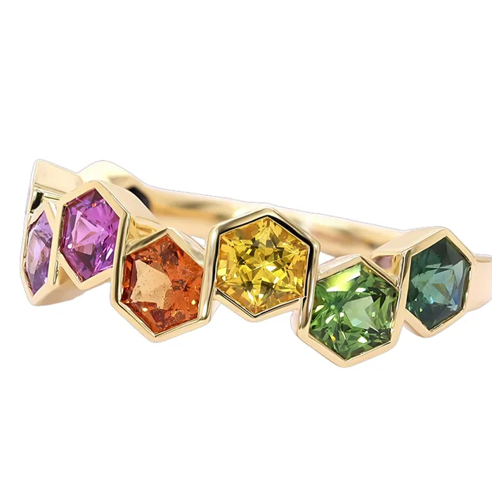 18kt Yellow Gold Rainbow Sapphire Hexagon Bezel Ring Classic Creations Rings