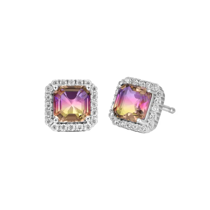 aporro Earrings EmeraldCut Purple and Yellow Gradient Tourmaline Halo Stud Earring aporro Earrings EmeraldCut Purple and Yellow Gradient Tourmaline Halo Stud Earring