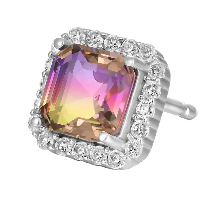 aporro Earrings EmeraldCut Purple and Yellow Gradient Tourmaline Halo Stud Earring