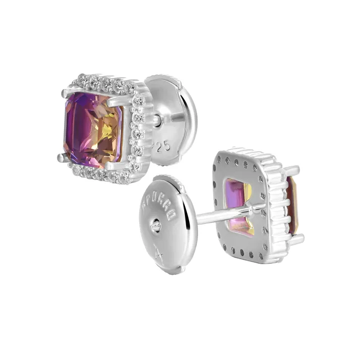 aporro Earrings EmeraldCut Purple and Yellow Gradient Tourmaline Halo Stud Earring