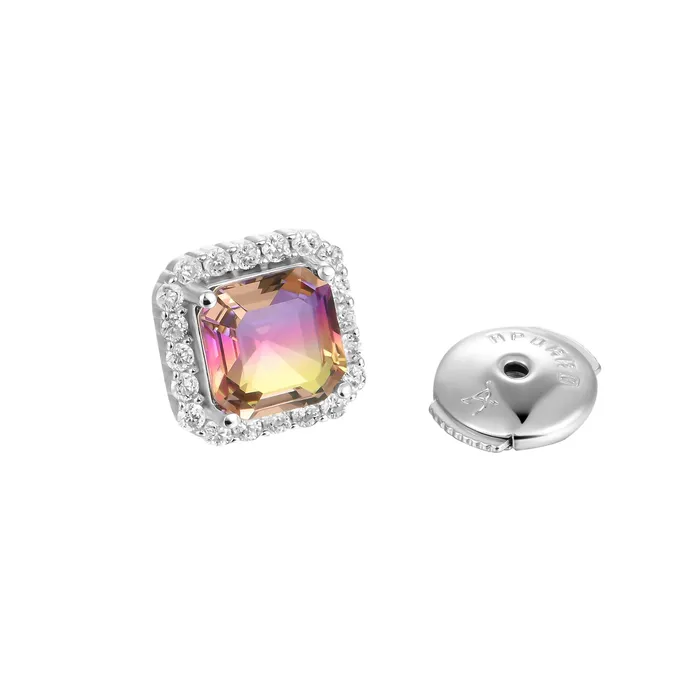 aporro Earrings EmeraldCut Purple and Yellow Gradient Tourmaline Halo Stud Earring