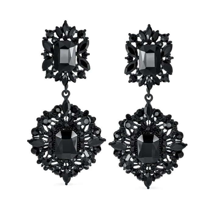BlingJewelry Wholesale Big Crystal Art Deco Vintage Style Gatsby Gemstone Dangle Earrings Gold Black Earrings