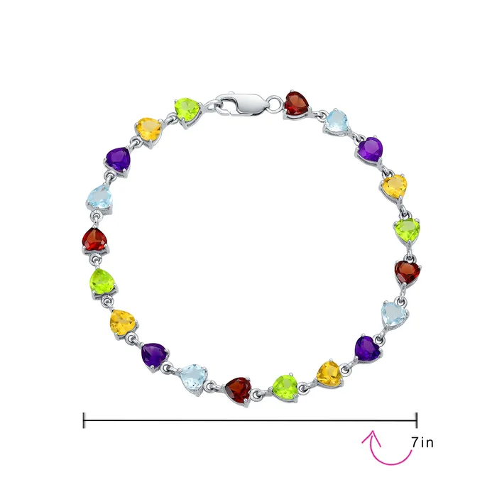 BlingJewelry Wholesale Bracelets Natural Multicolor Gemstone Heart Tennis Bracelet Sterling Silver 7 Inch