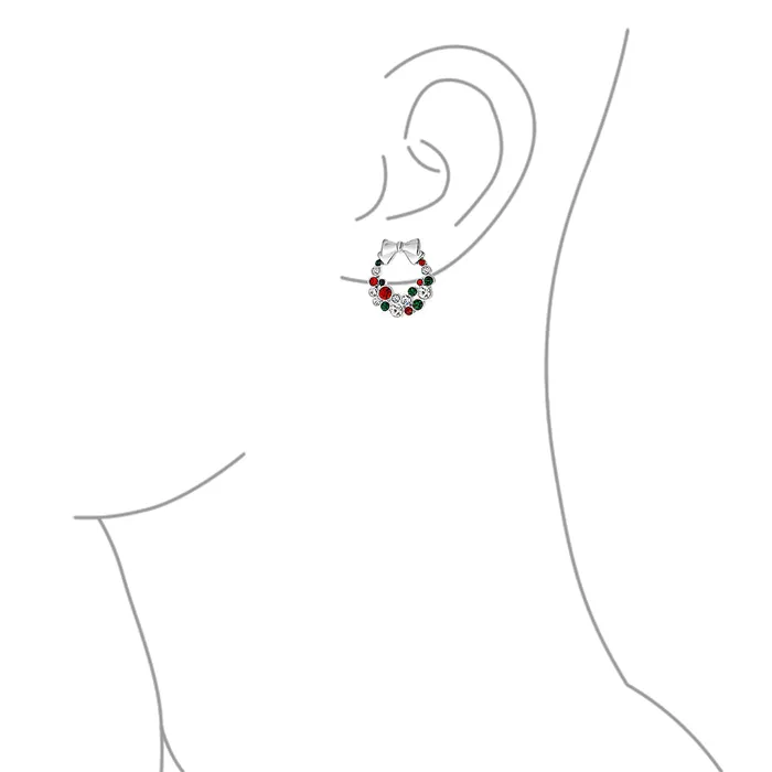 BlingJewelry Wholesale Earrings Fashion Sparkling Christmas Bow Crystal Necklace Earrings Jewelry Set Silver Plated