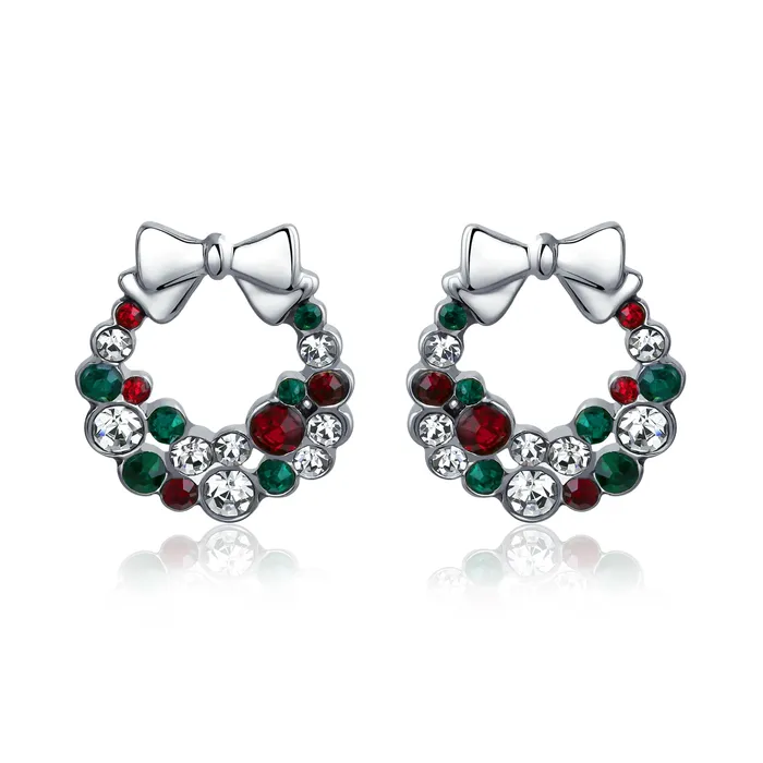 BlingJewelry Wholesale Earrings Fashion Sparkling Christmas Bow Crystal Necklace Earrings Jewelry Set Silver Plated