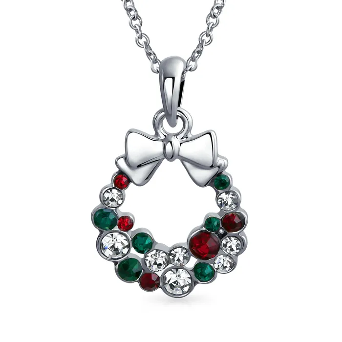 BlingJewelry Wholesale Earrings Fashion Sparkling Christmas Bow Crystal Necklace Earrings Jewelry Set Silver Plated