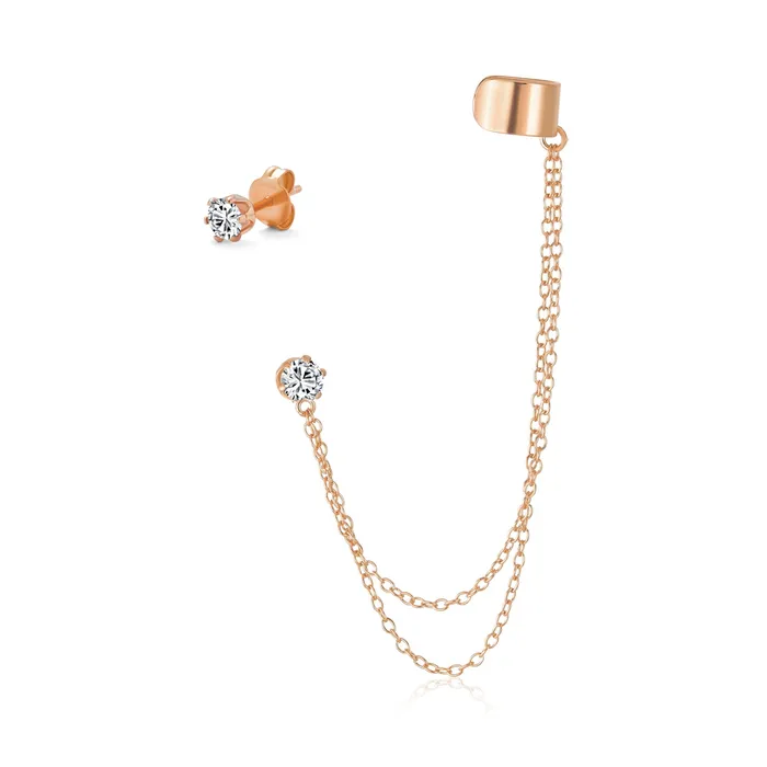 BlingJewelry Wholesale Earrings Geometric Ear Cuff Cartilage with Chains CZ Stud 14K Gold Plated Silver BlingJewelry Wholesale Earrings Geometric Ear Cuff Cartilage with Chains CZ Stud 14K Gold Plated Silver
