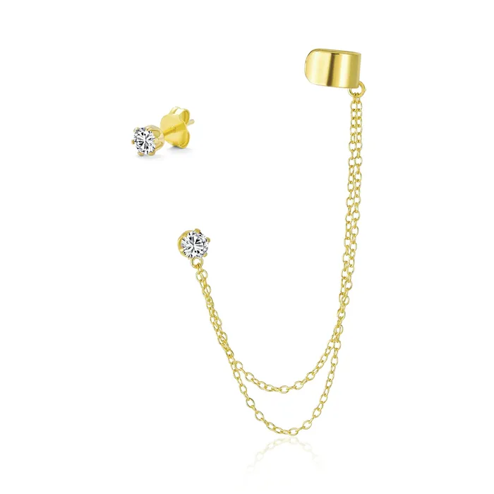 BlingJewelry Wholesale Earrings Geometric Ear Cuff Cartilage with Chains CZ Stud 14K Gold Plated Silver BlingJewelry Wholesale Earrings Geometric Ear Cuff Cartilage with Chains CZ Stud 14K Gold Plated Silver
