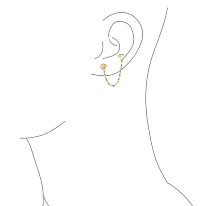 BlingJewelry Wholesale Earrings Unisex 10K Gold Ear Cuff Cartilage Double Piercing Chain Moon Star Earring