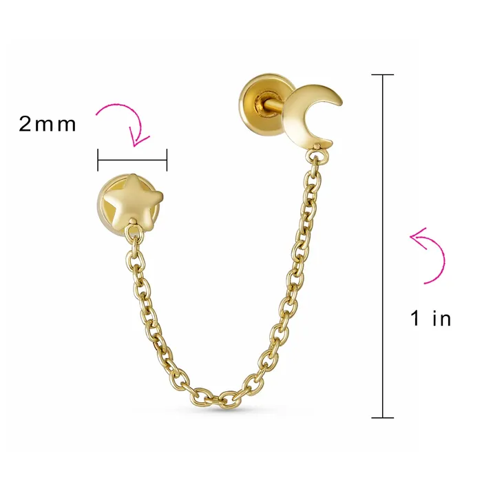 BlingJewelry Wholesale Earrings Unisex 10K Gold Ear Cuff Cartilage Double Piercing Chain Moon Star Earring