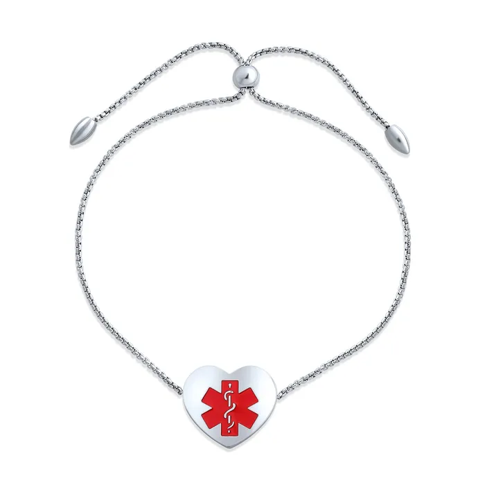 BlingJewelry Wholesale Feminine Heart Charm Medical ID Bracelet Silver Tone Stainless Steel Chain Bracelets