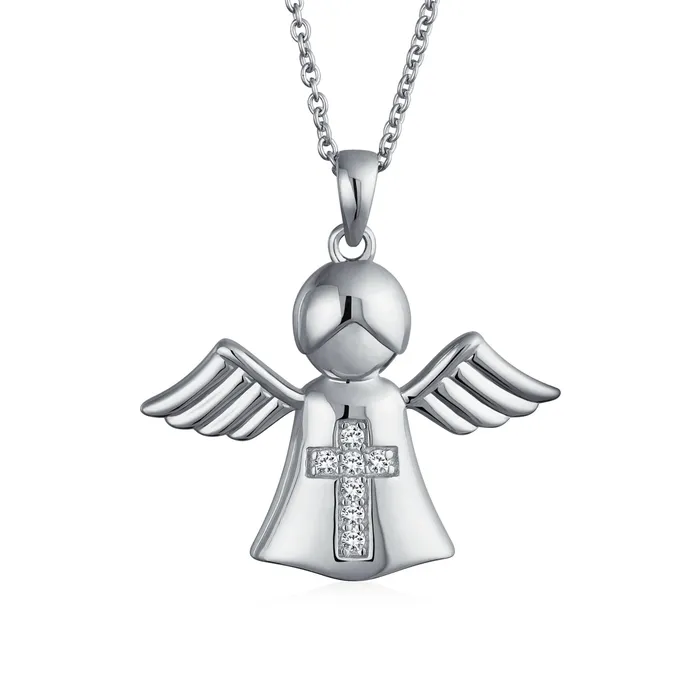 BlingJewelry Wholesale Necklaces Sterling Silver Angel Cross Pendant Necklace with Bible Photo Locket Keepsake