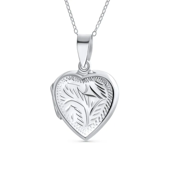 BlingJewelry Wholesale Necklaces Vintage Style Heart Shaped Locket Necklace for Teens Holds Photos Silver Pendant
