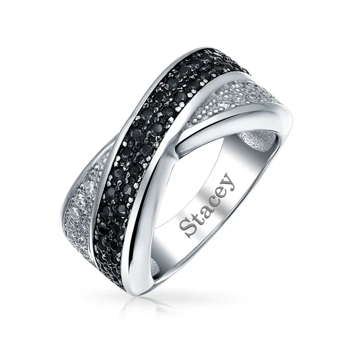 BlingJewelry Wholesale Rings Two Tone Black White CZ CrissCross X Band Cocktail Statement Ring in Sterling Silver