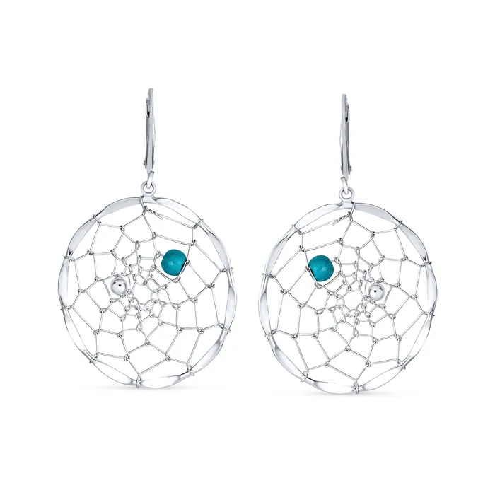 Blue Turquoise Dangle Gemstone Earrings with Lever Back and Dream Catcher Design BlingJewelry Wholesale Earrings
