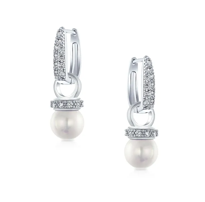 Bridal Imitation White Pearl Drop CZ Hoop Earring Silver Plated BlingJewelry Wholesale Earrings Bridal Imitation White Pearl Drop CZ Hoop Earring Silver Plated BlingJewelry Wholesale Earrings