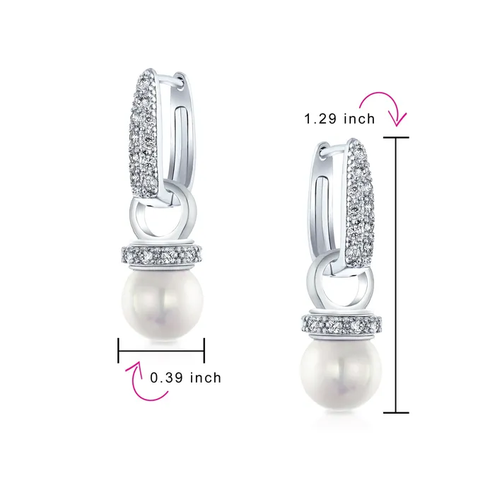 Bridal Imitation White Pearl Drop CZ Hoop Earring Silver Plated BlingJewelry Wholesale Earrings