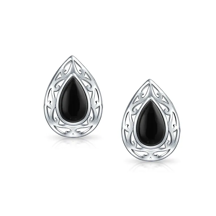 Earrings BlingJewelry Wholesale Bali Style Black Onyx Teardrop Stud Earrings in Sterling Silver 15MM Gemstone