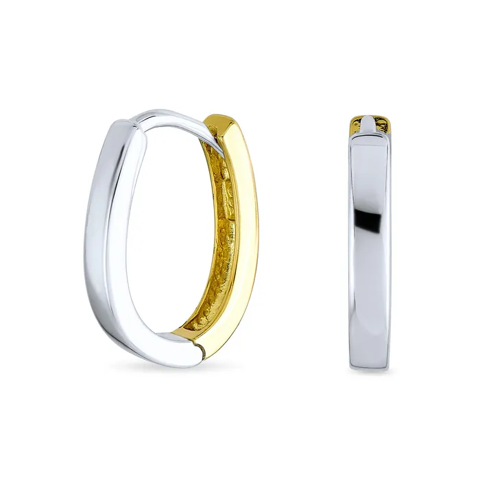 Earrings BlingJewelry Wholesale Classic Two Tone Geometric Hoop Huggie Earrings in 14K Gold Sterling Silver Earrings BlingJewelry Wholesale Classic Two Tone Geometric Hoop Huggie Earrings in 14K Gold Sterling Silver