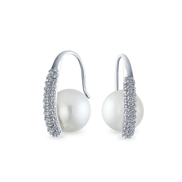 Earrings Bridal White Pearl Dangle Chandelier Earrings with CZ Pave and Silver Plating BlingJewelry Wholesale Earrings Bridal White Pearl Dangle Chandelier Earrings with CZ Pave and Silver Plating BlingJewelry Wholesale