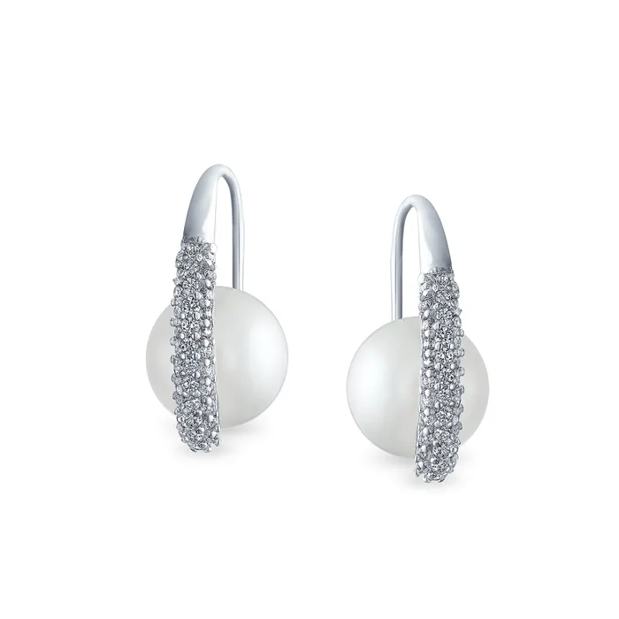 Earrings Bridal White Pearl Dangle Chandelier Earrings with CZ Pave and Silver Plating BlingJewelry Wholesale
