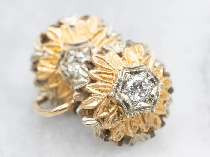 Earrings Ornate Vintage Two Tone Diamond Flower Drop Earrings Market Square Jewelers