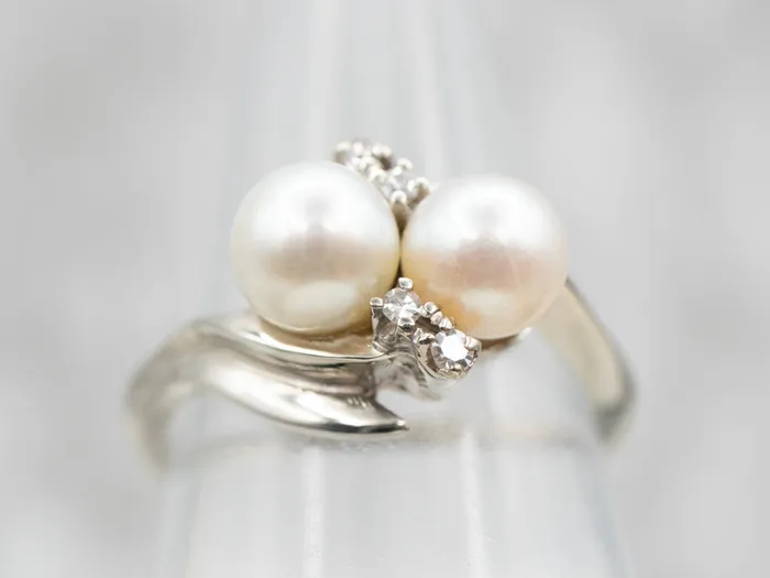 Market Square Jewelers Rings Vintage Double Pearl and Diamond Bypass Ring