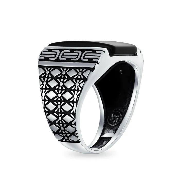 Mens Silver Ring with Diamond Shape Cable Etching and Black Onyx Gemstone BlingJewelry Wholesale Rings