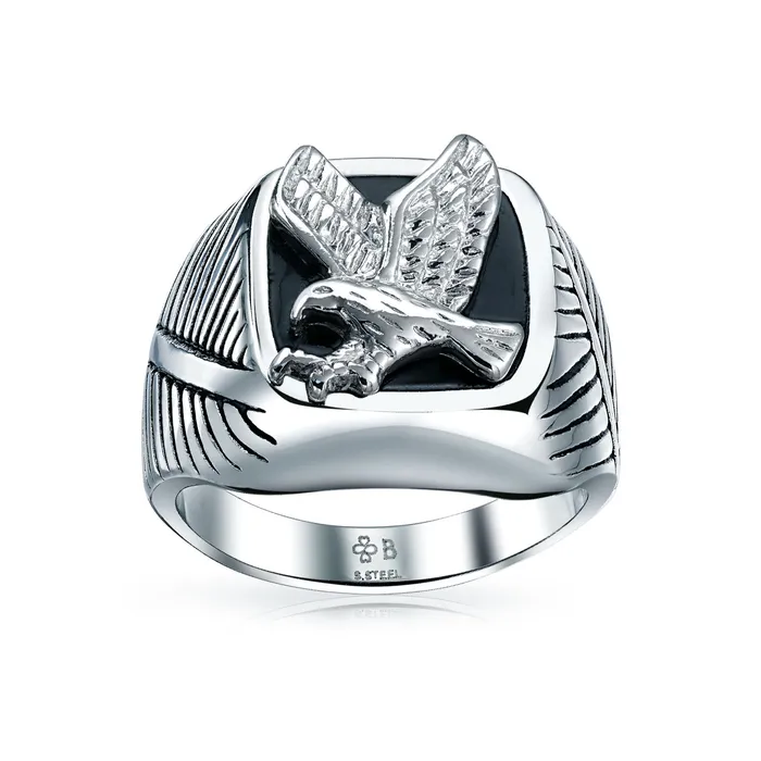 Mens Stainless Steel Large Square Black Patriotic Eagle Signet Ring Silver Tone BlingJewelry Wholesale Rings