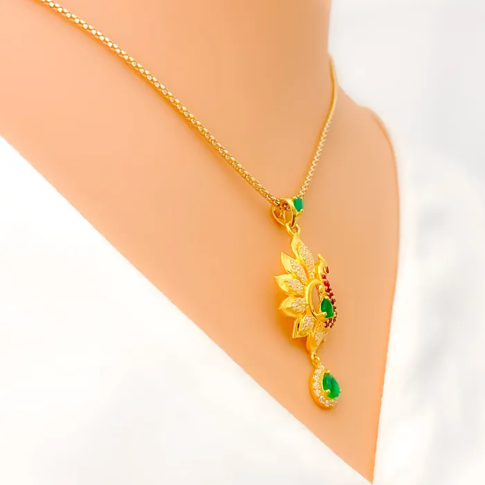 PreStyled Sets Andaaz Jewelers Opulent Floral Peacock 22k Gold CZ Pendant Set