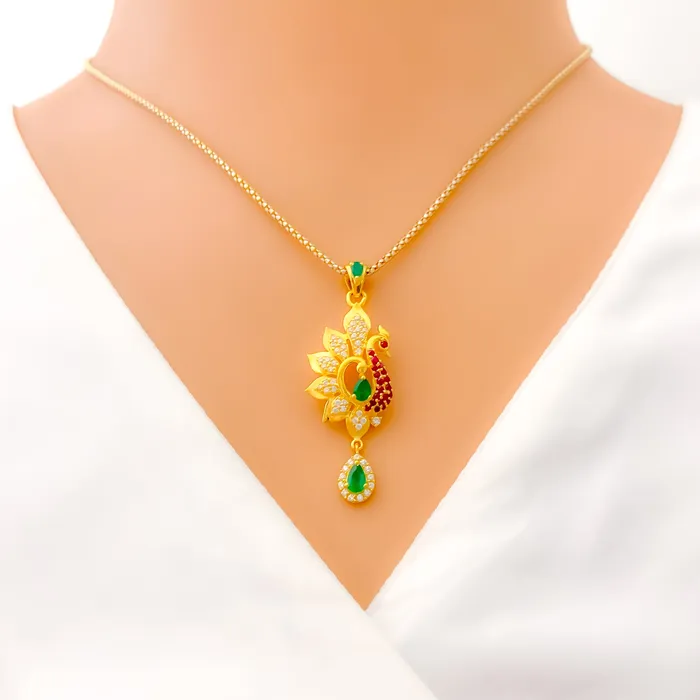 PreStyled Sets Andaaz Jewelers Opulent Floral Peacock 22k Gold CZ Pendant Set