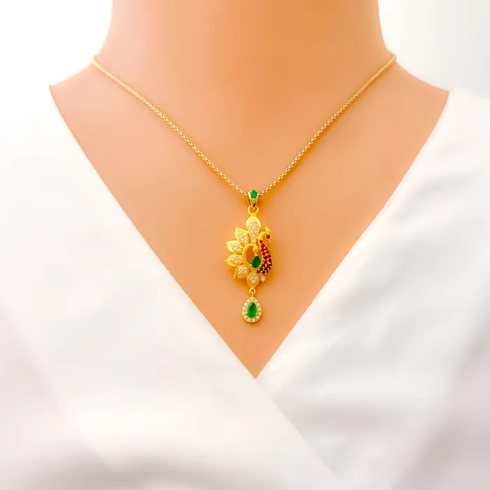 PreStyled Sets Andaaz Jewelers Opulent Floral Peacock 22k Gold CZ Pendant Set