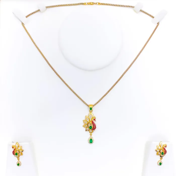 PreStyled Sets Andaaz Jewelers Opulent Floral Peacock 22k Gold CZ Pendant Set