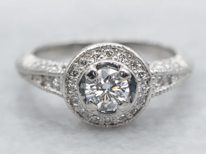 Rings Platinum Diamond Engagement Ring with Diamond Halo and Diamond Shoulders Market Square Jewelers