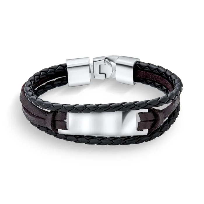 Unisex Black Rope Cord Brown Leather ID Bracelet for Men Silver Tone Stainless Steel BlingJewelry Wholesale Bracelets Unisex Black Rope Cord Brown Leather ID Bracelet for Men Silver Tone Stainless Steel BlingJewelry Wholesale Bracelets