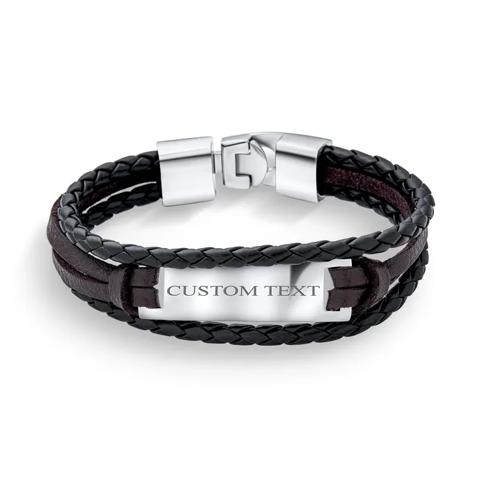 Unisex Black Rope Cord Brown Leather ID Bracelet for Men Silver Tone Stainless Steel BlingJewelry Wholesale Bracelets Unisex Black Rope Cord Brown Leather ID Bracelet for Men Silver Tone Stainless Steel BlingJewelry Wholesale Bracelets