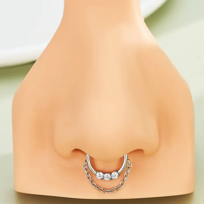 16G Clear CZ Chain Dangle Septum Ring OUFER BODY JEWELRY Rings