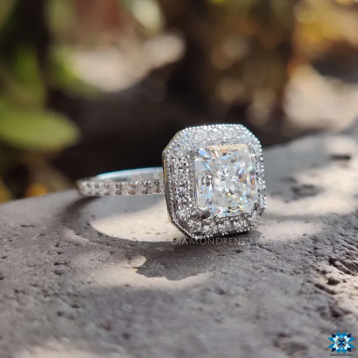 Diamondrensu 222 TW Radiant Cut Classic Pave Halo Moissanite Diamond Engagement Ring Rings