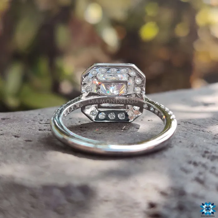 Diamondrensu 222 TW Radiant Cut Classic Pave Halo Moissanite Diamond Engagement Ring Rings